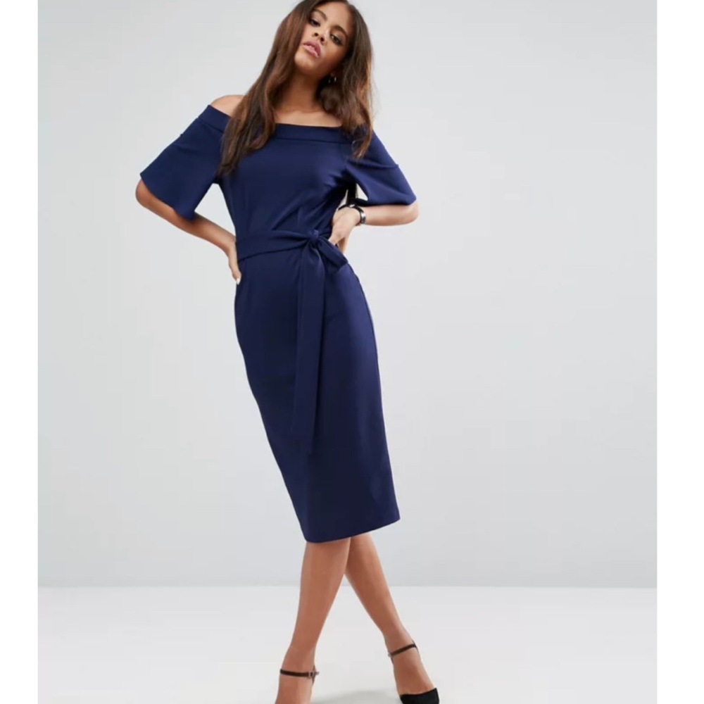 ASOS TALL Midi Dress With Off Shoulder And Tie Waist - size 8 tall, navy blue